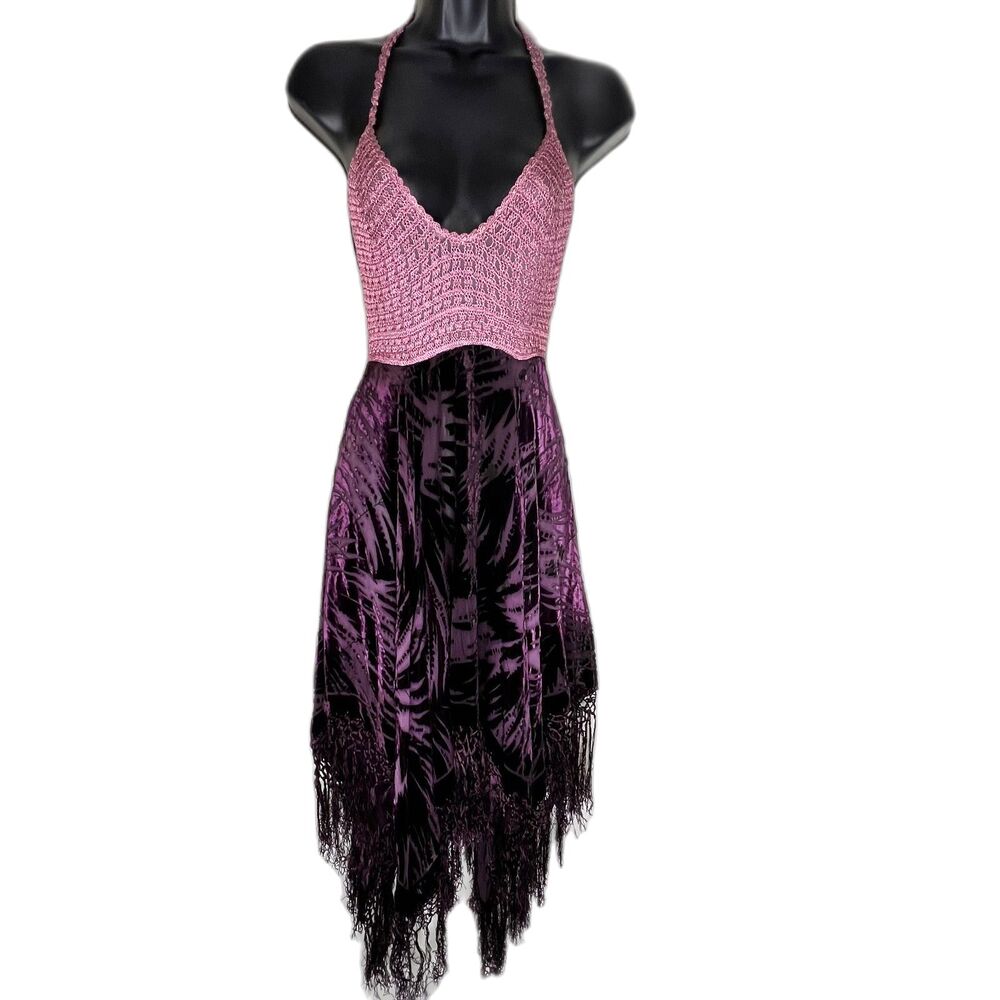 Crochet Halter Fringe Dress Burnout Silk Velvet Sheer Boho Festival Fairycore S